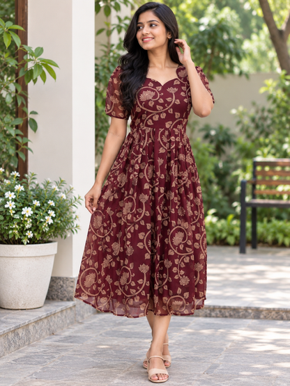 Maroon Floral Kalamkari Feeding Maxi Dress