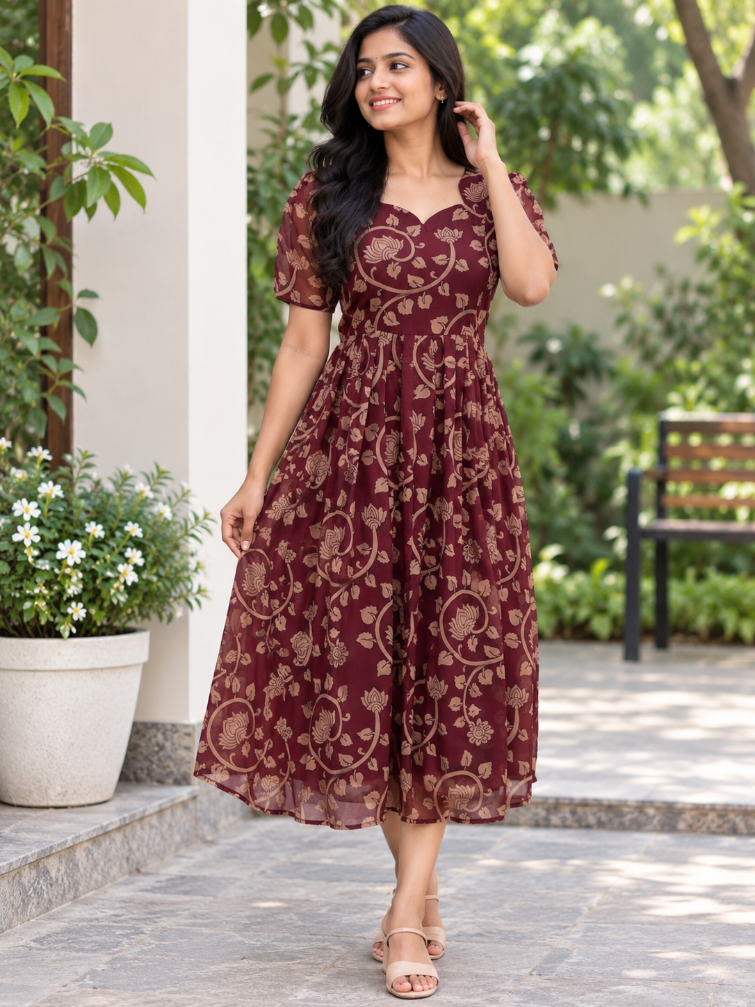 Burgundy Kalamkari Floral Print Georgette Non-Feeding Maxi Dress