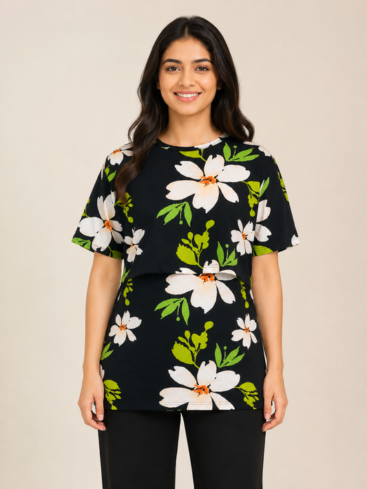 Midnight Black White Blossom Floral Print Feeding Maternity T-Shirt