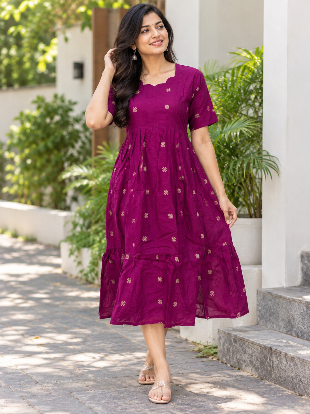 Wine Magenta Printed Budget Friendly Frock