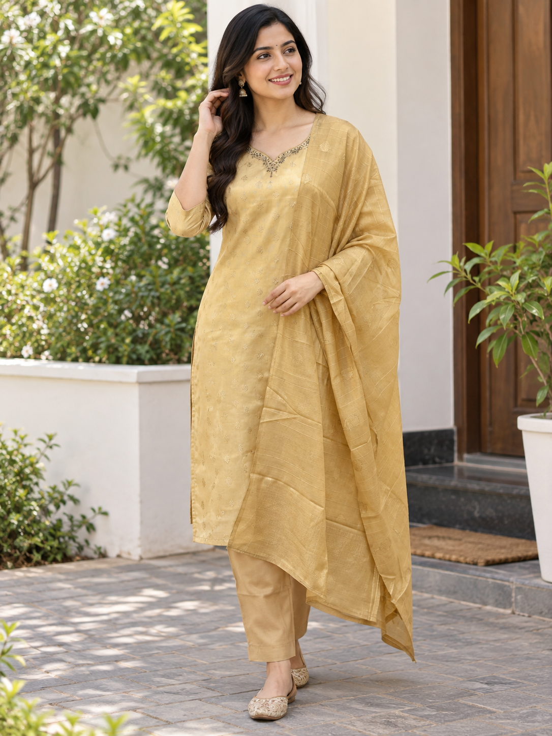 Mustard Gold Elegant silk embroidery 3 piece kurta set