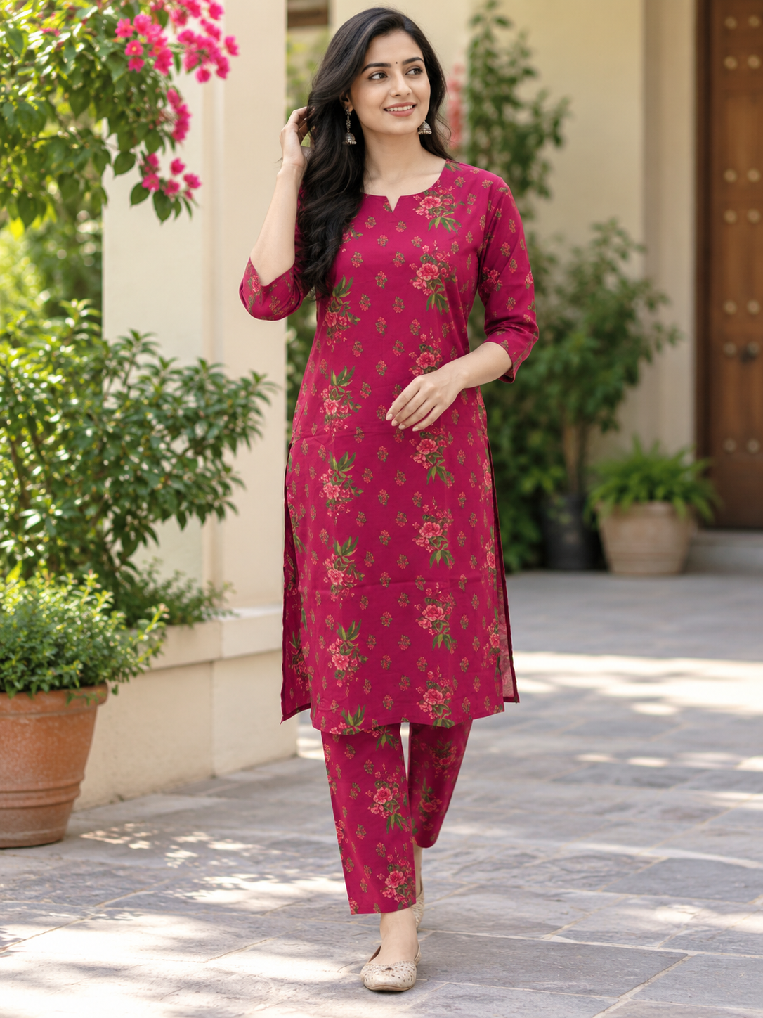 Wine Pink Floral Printed Kurti Set