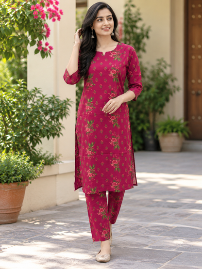 Wine Pink Floral Printed Kurti Set