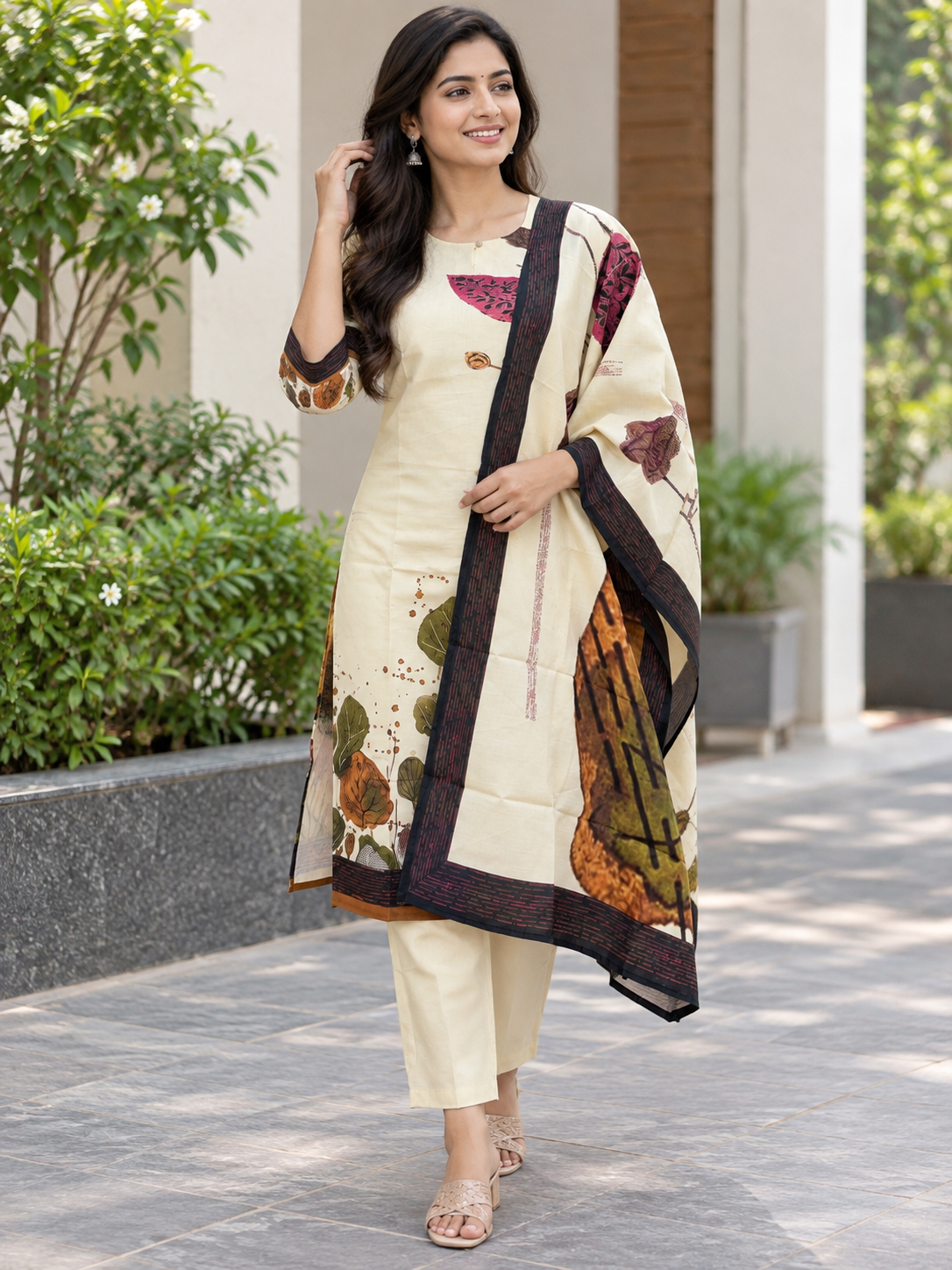 Ivory Cream Abstract Botanical Print Blended Cotton digital print 3 piece kurta set