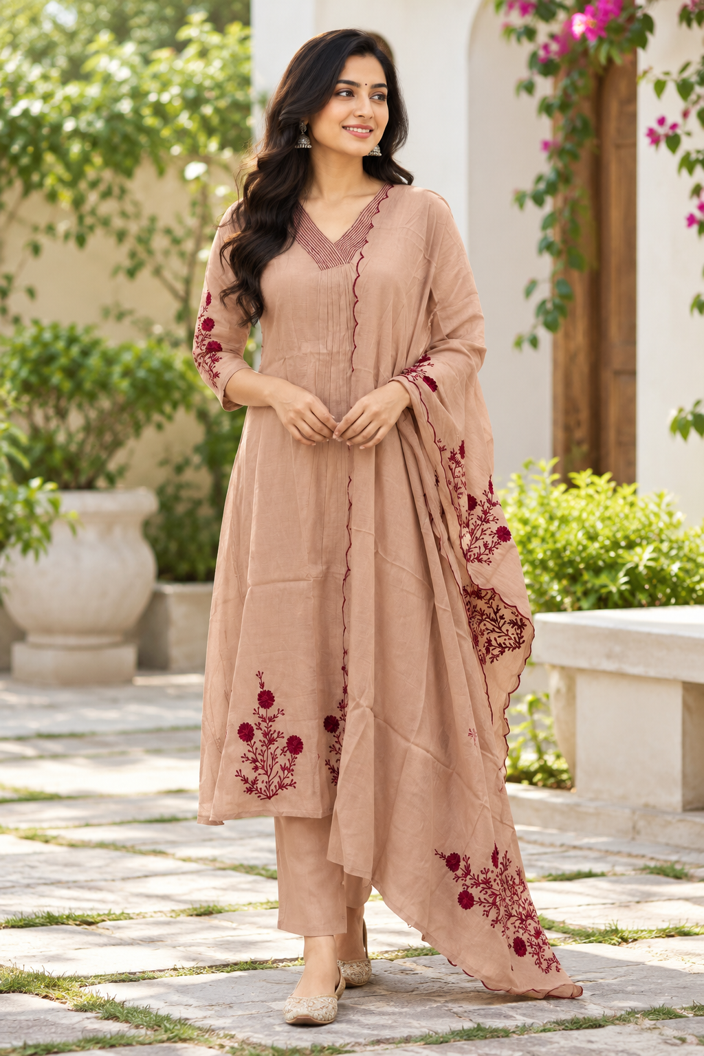 Mul Coral Peach Beige Maroon Floral Embroidered 3 Piece suit