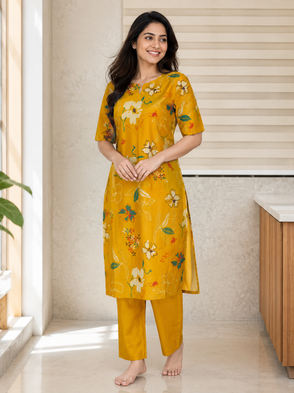 Chanderi Cotton Kurti with Silk Pant Mustard Yellow Floral Garden Kurta