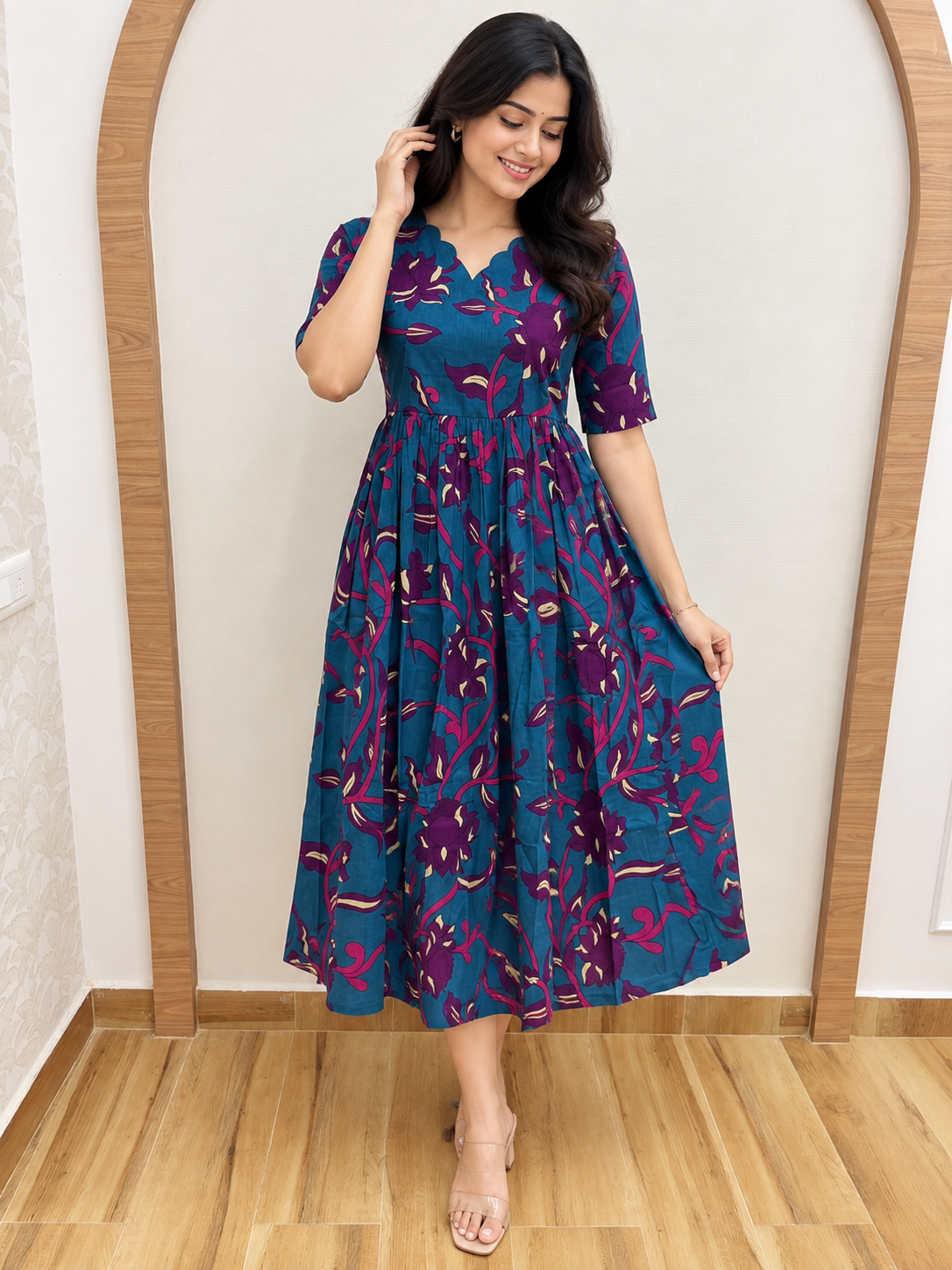 Teal Blue Floral Print Pure Jaipur Cotton Non-Feeding Maxi