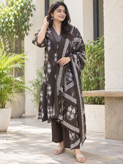 Charcoal Black Floral Print Chanderi Cotton 3-Piece Set