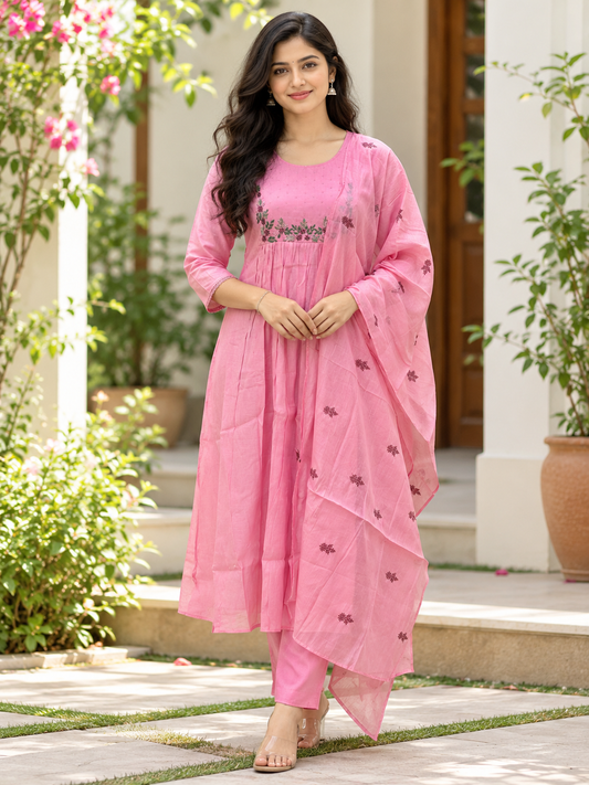Elegant Mul Chanderi Baby Pink Floral Embroidery Print 3 Piece Suit