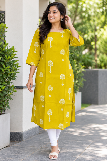 Mustard Yellow White Floral Soft cotton Kurti with full lining