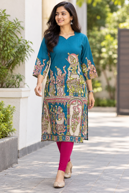 Peacock Teal Blue Kalamkari Kurti Top