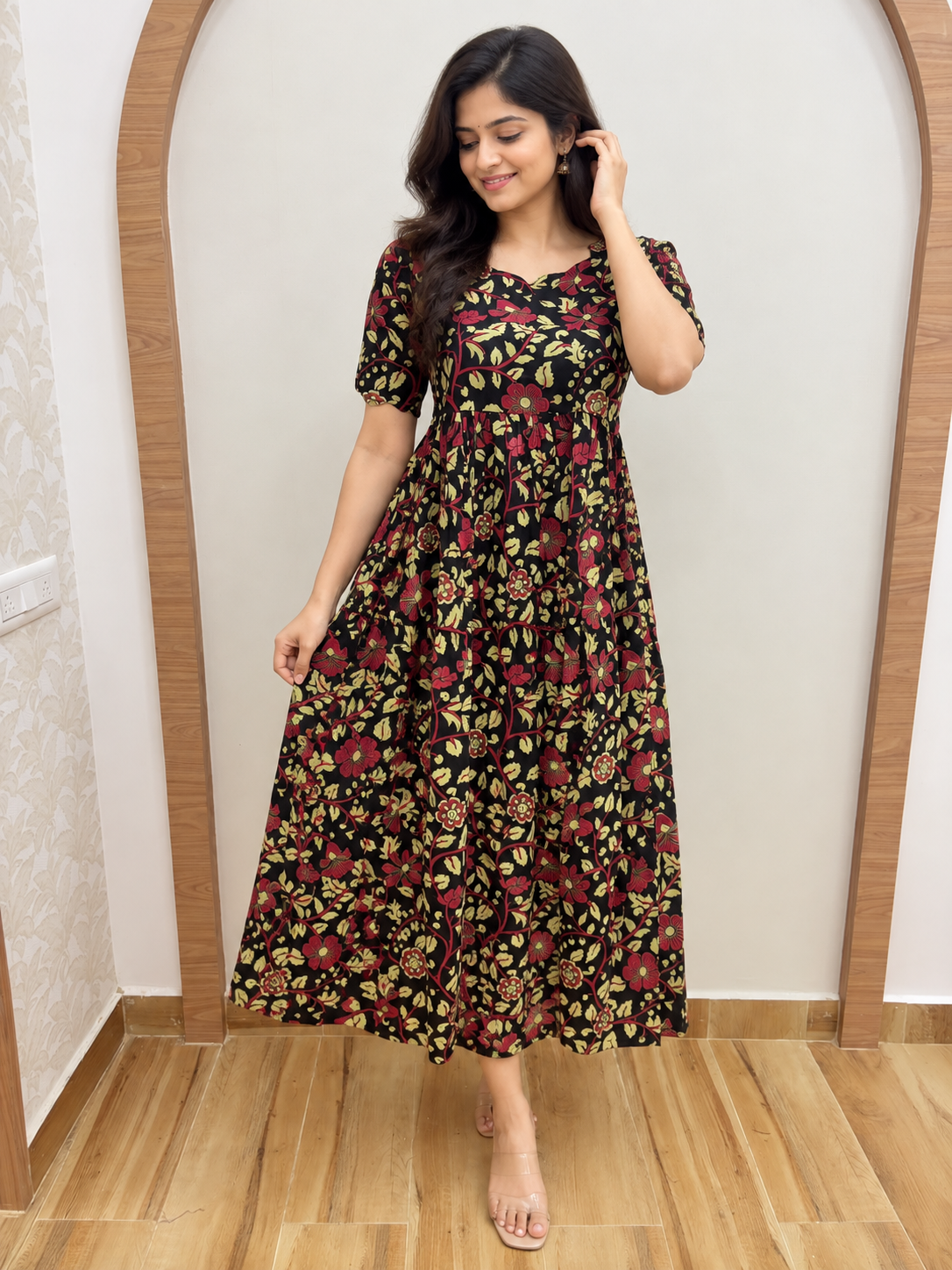 Black Maroon & Mustard Floral Vine Print Pure Jaipur Cotton Non-Feeding Maxi