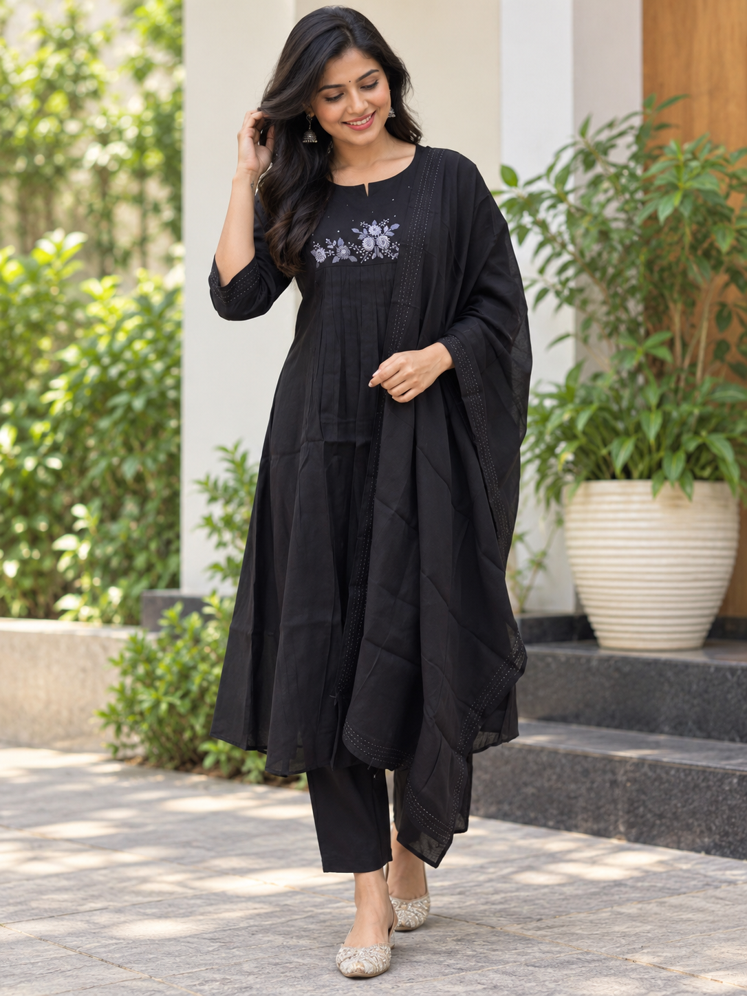 Black Floral Embroidered Chanderi Cotton 3-Piece Set