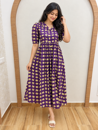 Royal Purple Elephant Print Pure Jaipur Cotton Non-Feeding Maxi