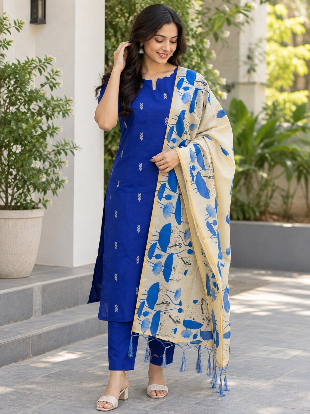 Royal Blue & Ivory Abstract Floral Print Women’s 3 Piece Set