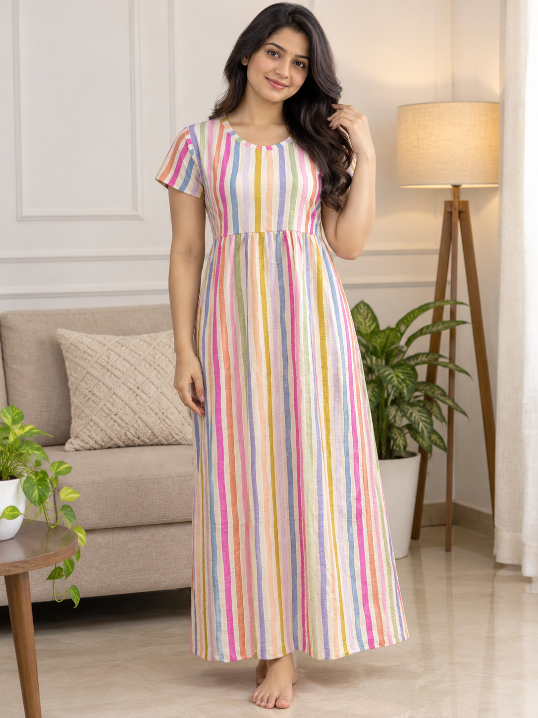Multicolor Pastel Vertical Stripe Short Sleeve Lounge Frock