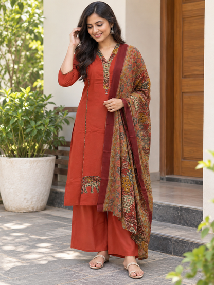 Rust Kalamkari Paisley Print Chanderi Cotton 3-Piece Set