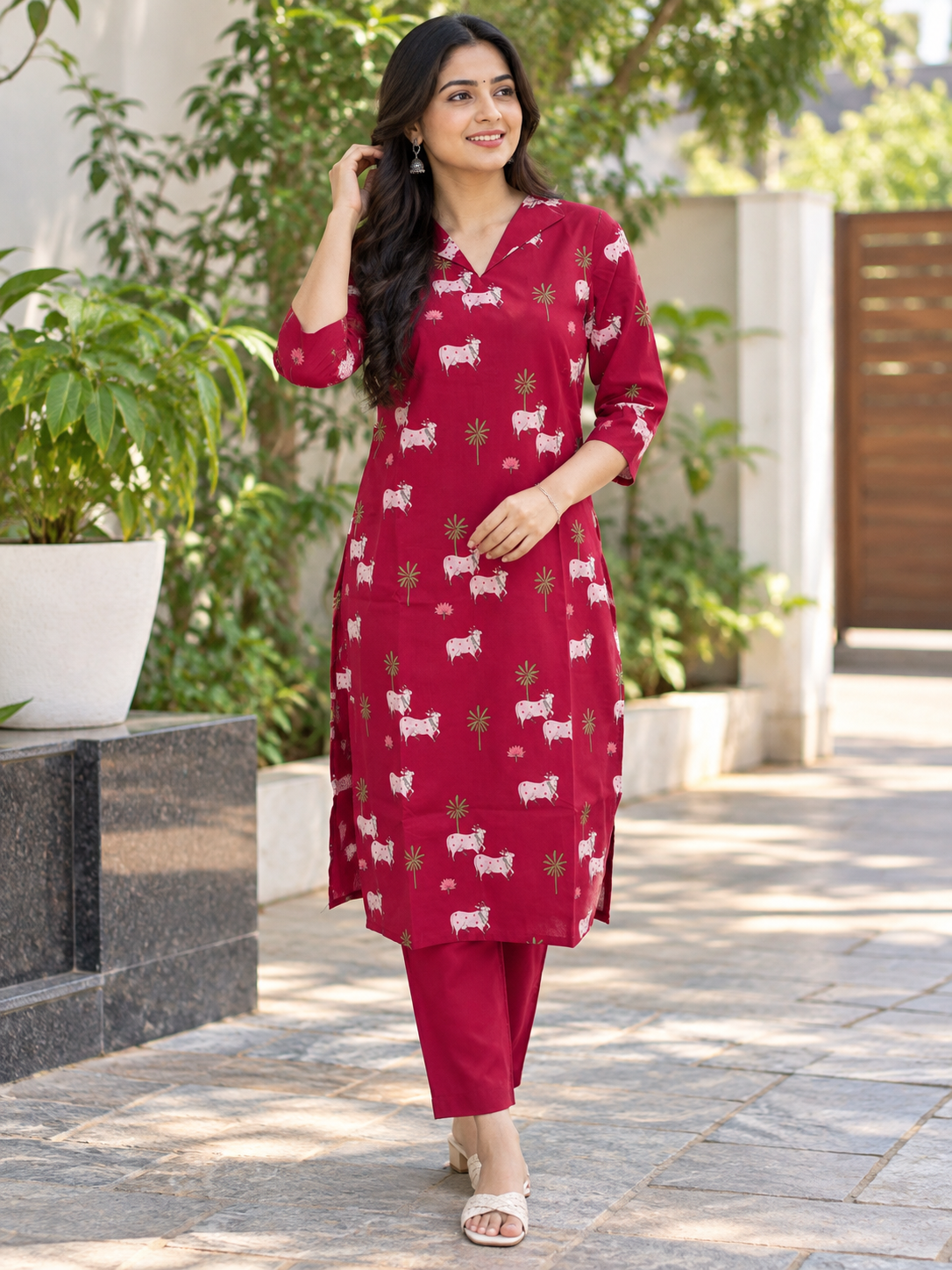 Wine Red Cow Print Kurti Set