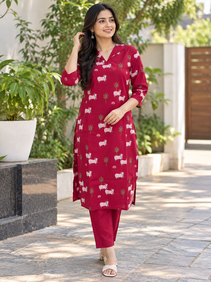 Wine Red Cow Print Kurti Set