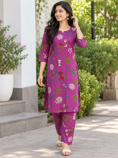 Berry Purple Floral Printed Kurti Set