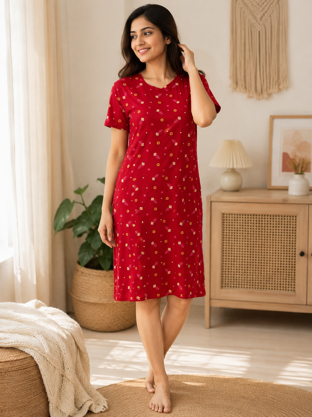 Red Cherry Floral Printed Lounge Tunic
