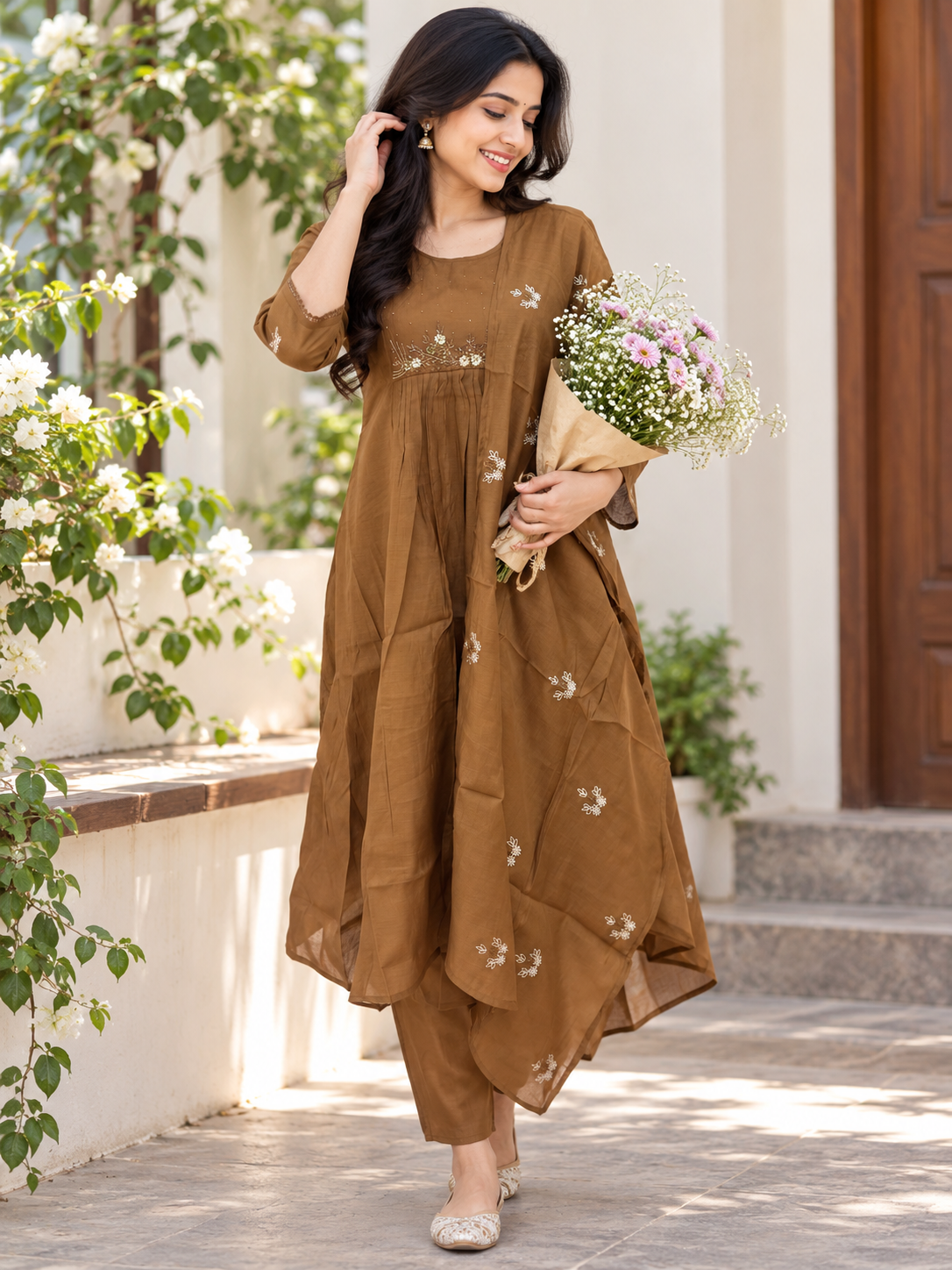 Elegant Mul Chanderi Coffee Brown Floral Embroidered 3-Piece Suit