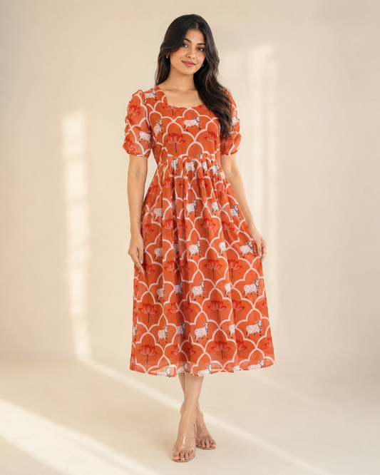 Coral Orange Lotus & Cow Heritage Non-Feeding Georgette Maxi