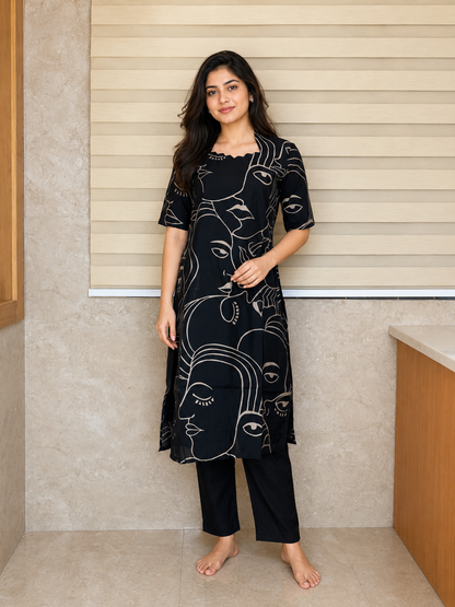 Chanderi Cotton Kurti with Silk Pant Black Abstract Face Print