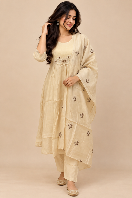 Elegant Mul Chanderi Cream Beige Floral Embroidery Women's Anarkali 3 Piece Suit