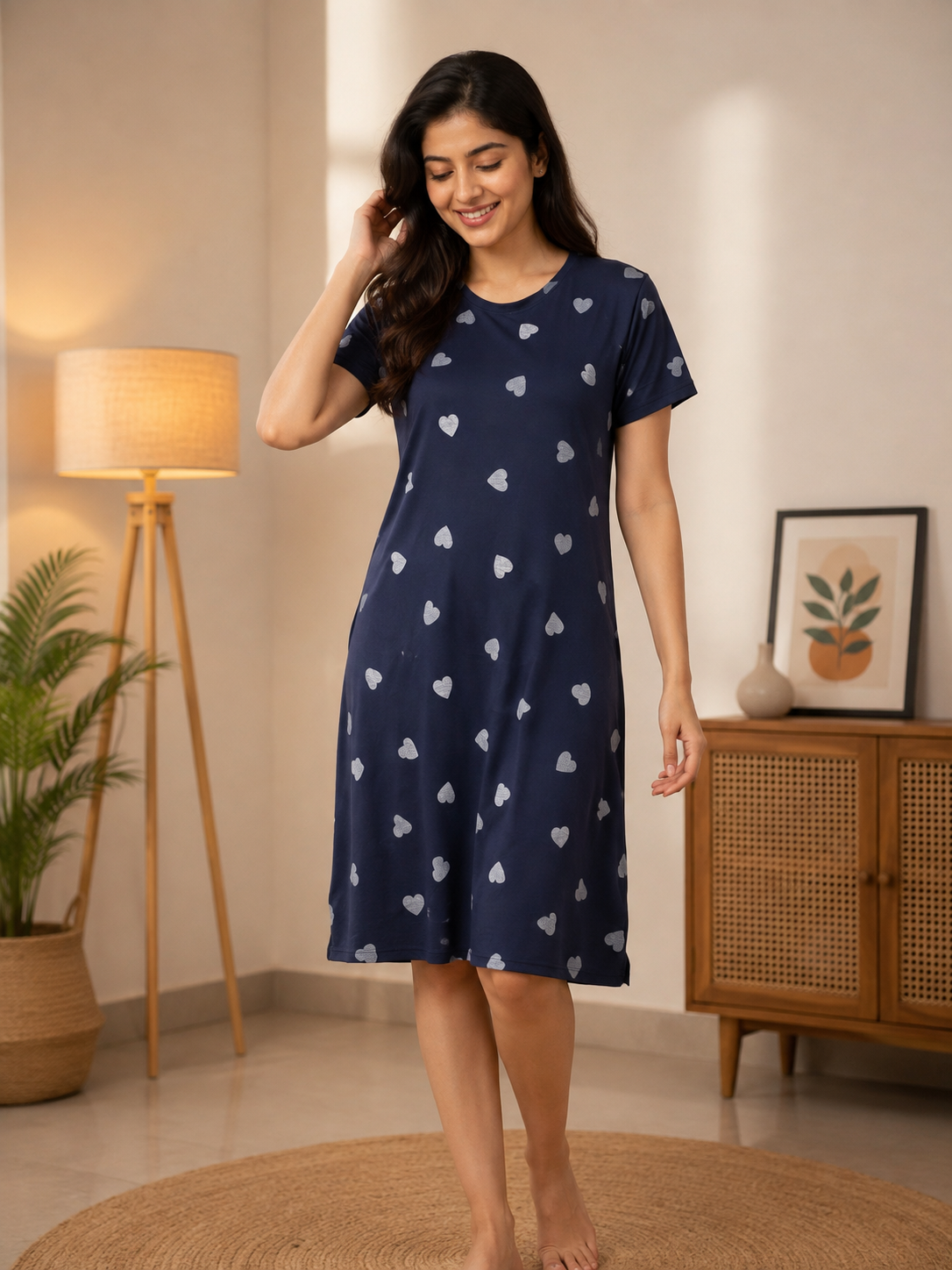 Navy Blue & Silver Heart Printed Lounge Tunic