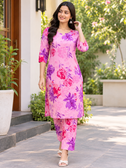 Pink Floral Printed Kurti Set