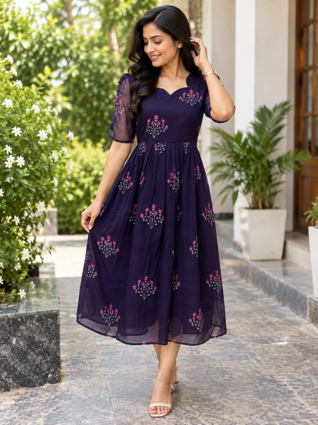 Navy Blue Floral Embroidered Feeding Maxi Dress