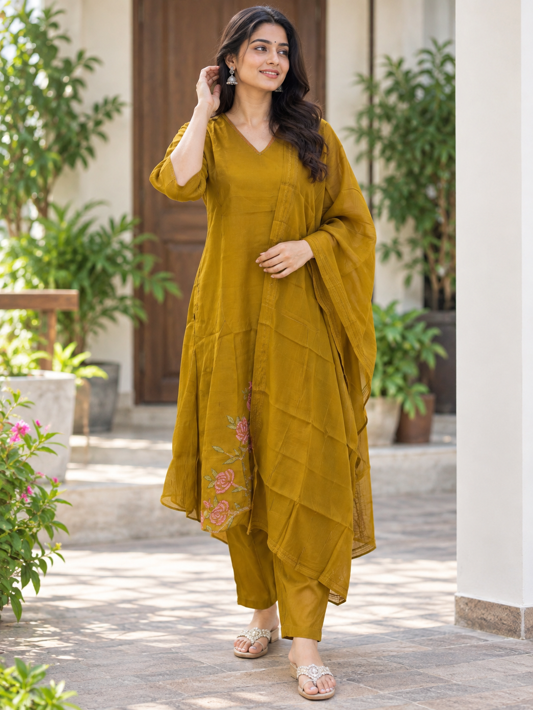 Mustard Gold Floral Embroidered Mul Chanderi Silk Cotton 3-Piece Kurta Set