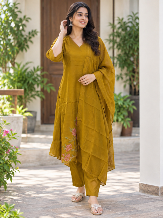 Mustard Gold Floral Embroidered Mul Chanderi Silk Cotton 3-Piece Kurta Set