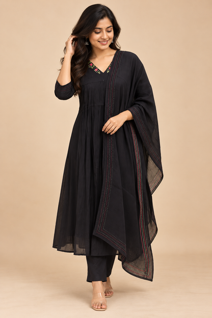 Mul chanderi A line with work Black color Embroidered Anarkali 3 Piece suit