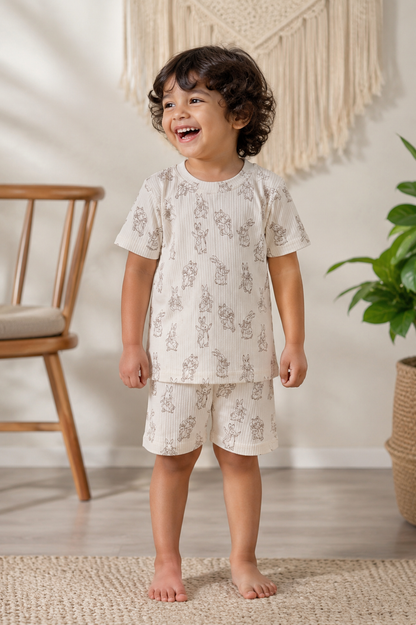 Half White Ribbed Bunny Printed Kids T-shirt and Shorts Coords