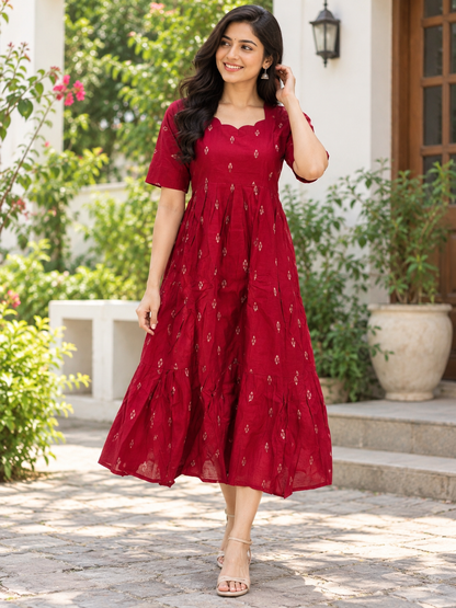 Crimson Red Printed Budget Friendly Frock