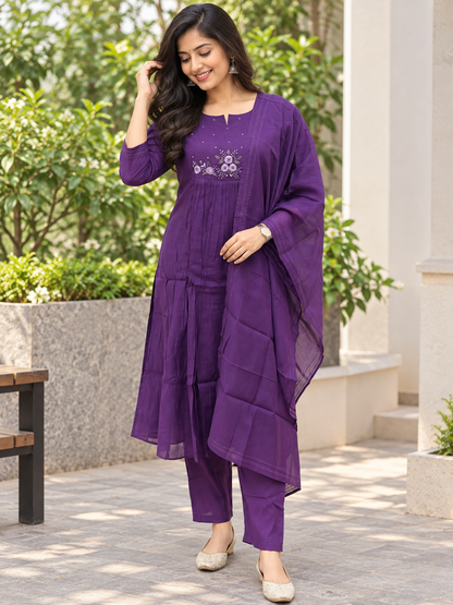 Royal Purple Embroidered Print Chanderi Cotton 3-Piece Set