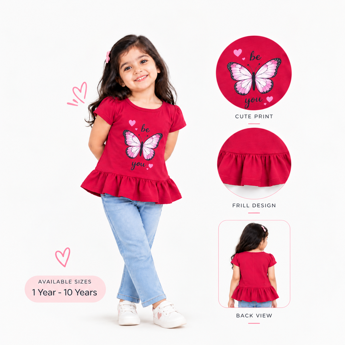 Red Butterfly Print Girls Top And Bottom