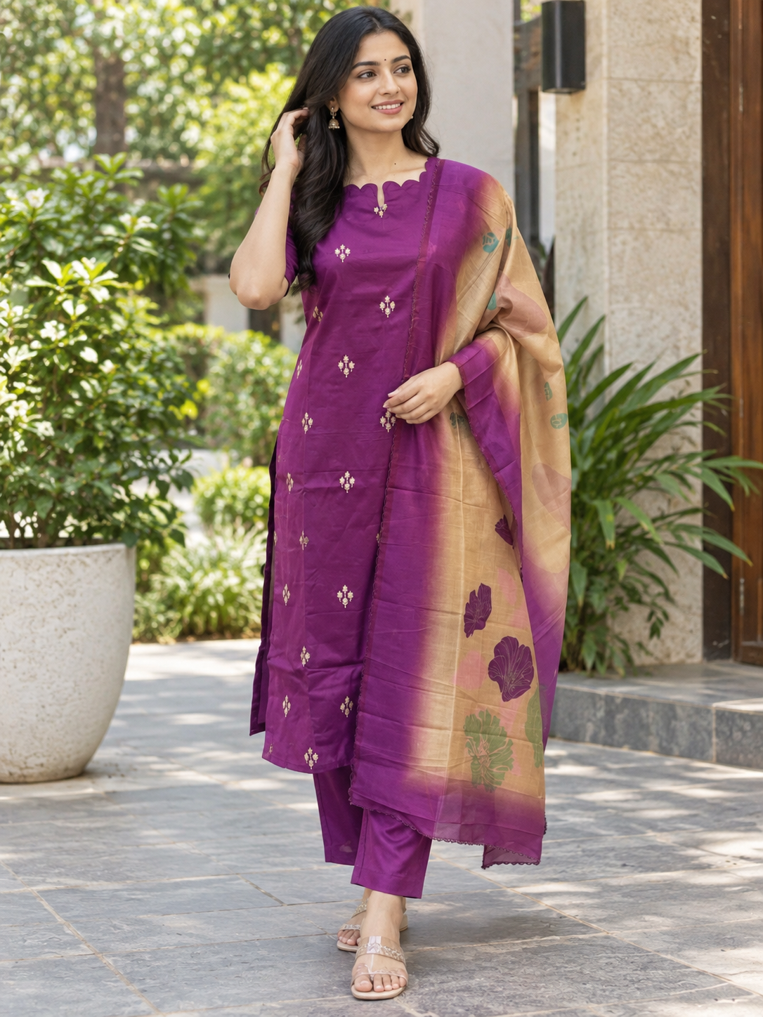 Royal Purple Floral Silk Cotton 3-Piece Set