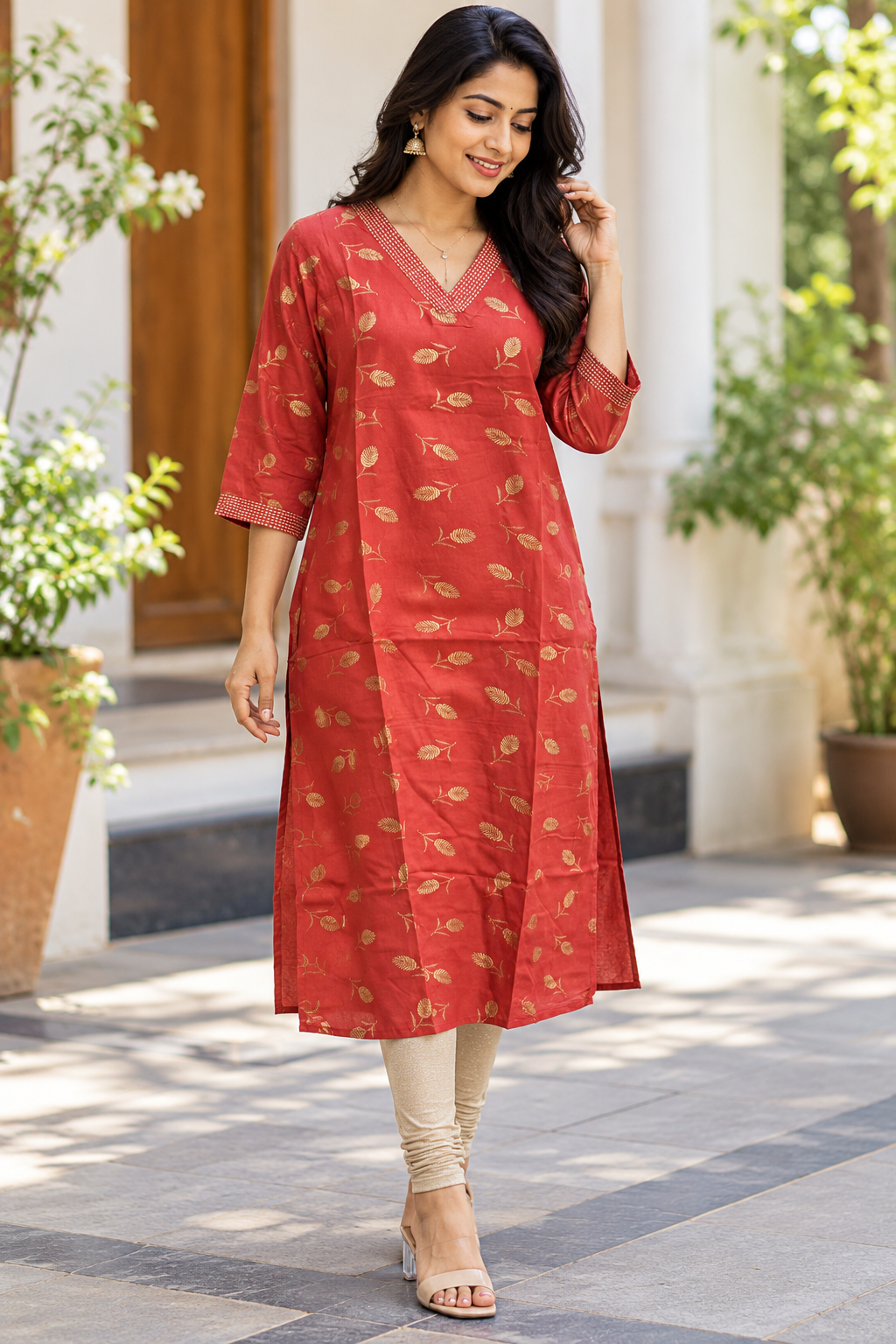 Coral Red Golden Leaf Printed Kurti Top