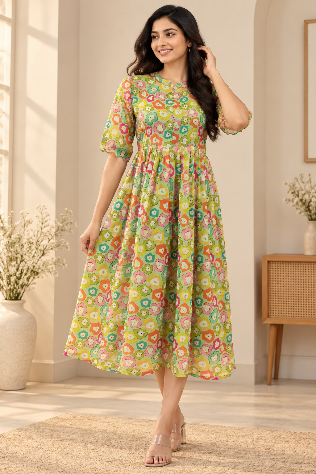 Lime Green Multicolor Floral Print Center Zip Maxi Dress