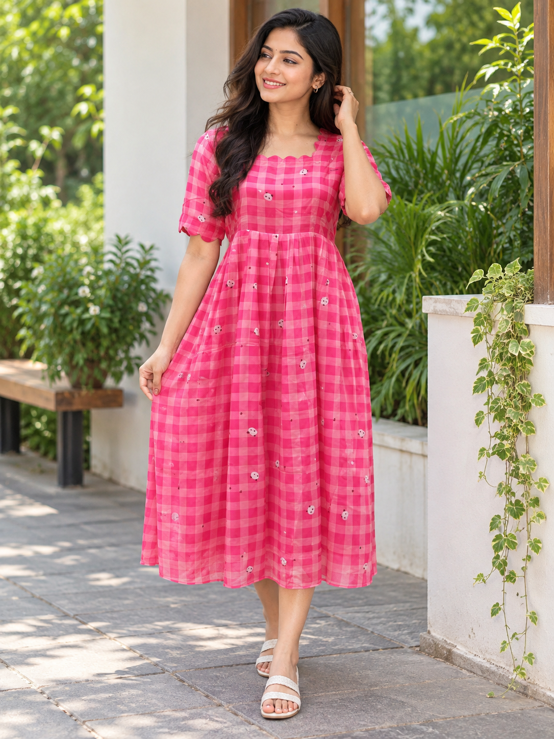 Pink Gingham Check Printed Feeding Maxi Dress