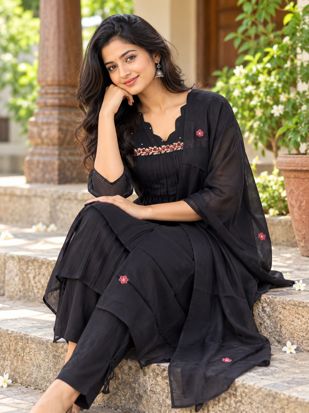 Mul Chanderi A line with work Black Red Floral Embroidered Anarkali 3 Piece suit