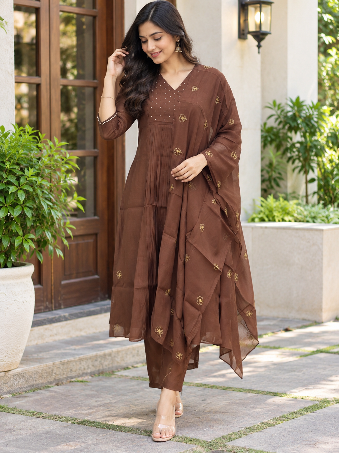 Chocolate Brown Floral Butti Mul Chanderi Silk 3-Piece Kurta Set