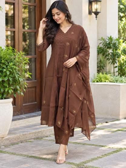 Chocolate Brown Floral Butti Mul Chanderi Silk 3-Piece Kurta Set
