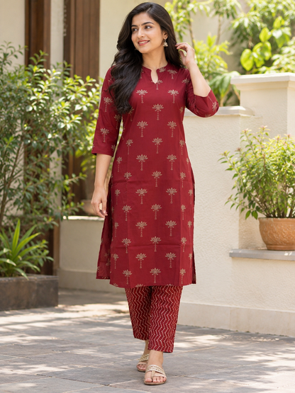 Maroon Golden Floral Kurti Set