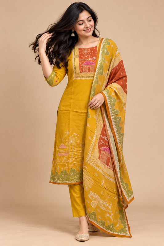 Elegant Butter Crepe Yellow Rust Orange Printed 3 Piece suit