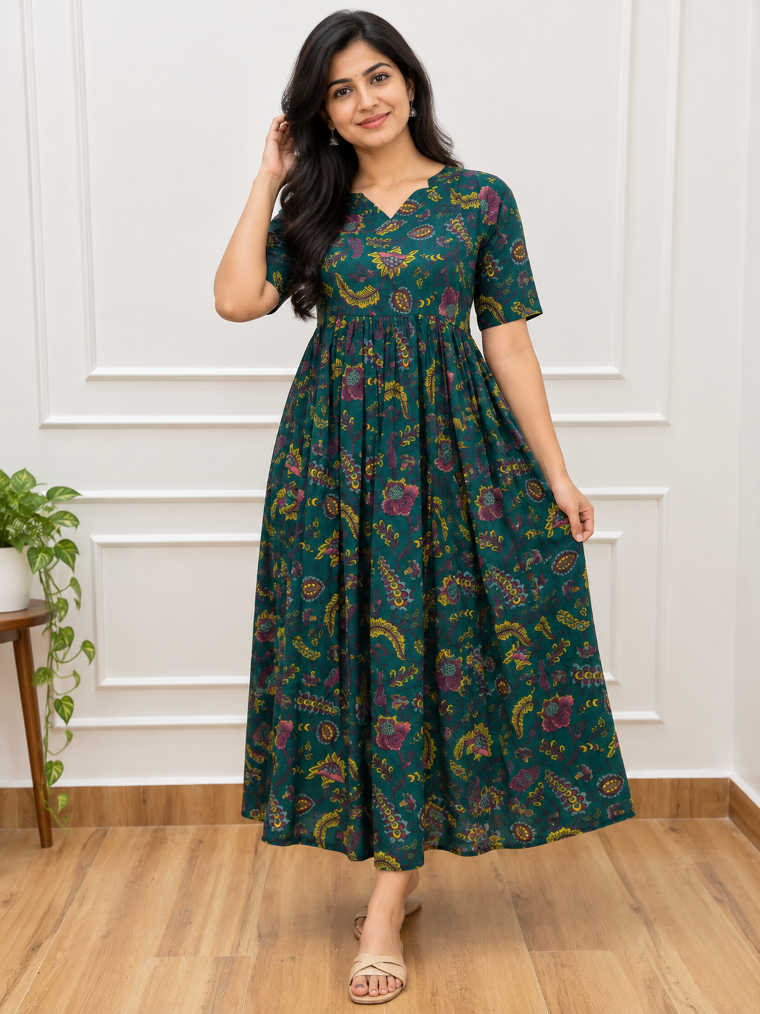 Teal Paisley Bloom Jaipur Cotton Non Feeding Maxi Dress