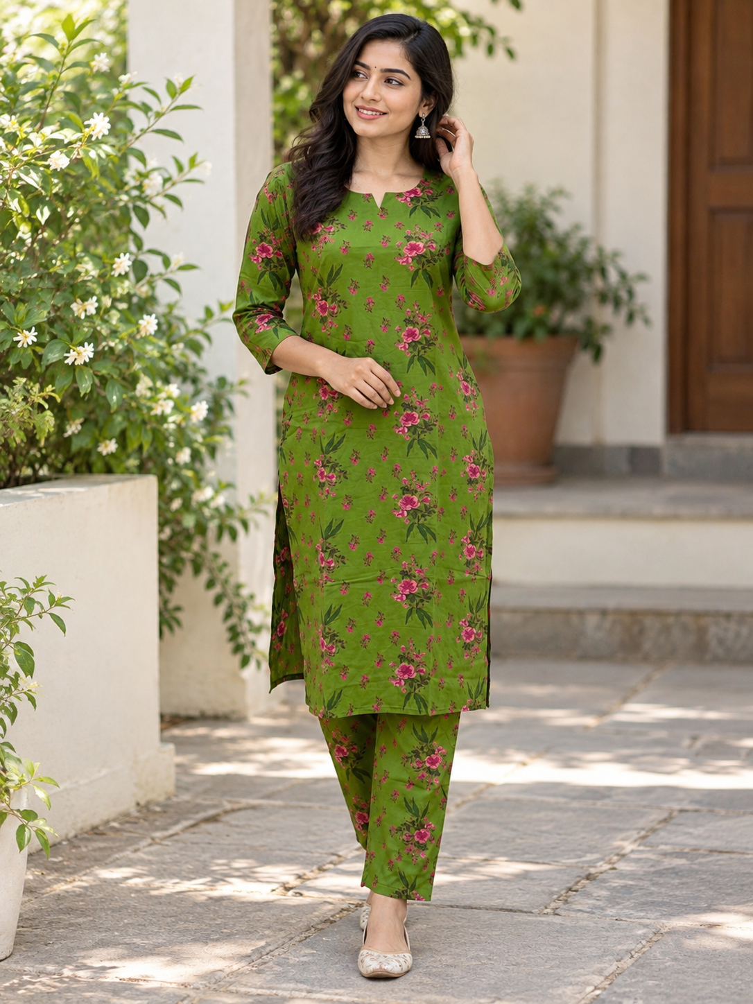 Olive Green Floral Printed Kurti Set